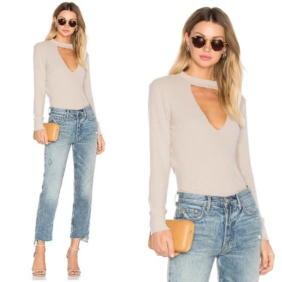 LNA Bardot Ribbed Long Sleeve Tee Choker Keyhole Cutout Neck Oat Beige Sz Small - Picture 1 of 11